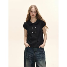 批发SHIYIYUE甜辣妹娃娃领<b class='q'>短袖</b>女夏季美式修身泡泡袖上衣设计感娃娃衫