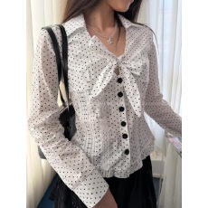 批发<b class='q'>波点</b>甜梦系带<b class='q'>衬衫</b> 法式收腰压褶<b class='q'>波点</b>衫 纯欲风蝴蝶结绑带长袖上衣