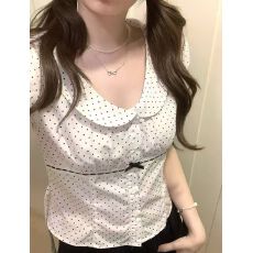 批发PtonUmi<b class='q'>波点</b>珍妮 娃娃领<b class='q'>波点</b>短袖<b class='q'>衬衫</b>女早春漂亮上衣服巨好看T恤