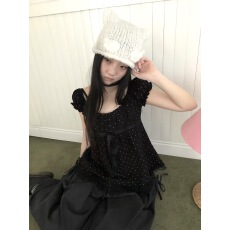 批发ang:project 古早美萌波点泡泡袖蕾丝花边拼接绑带短袖女 配围脖