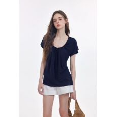 批发Reabobo.co 呼吸感温柔松弛度假缩褶系带收腰显瘦短袖t恤韩系<b class='q'>上衣</b>