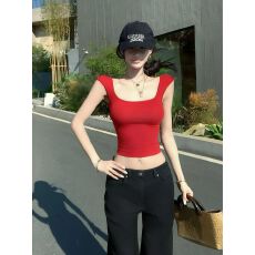 批发红色链条露背吊带无袖背心女夏季设计感绝美修身短款性感辣妹<b class='q'>上衣</b>