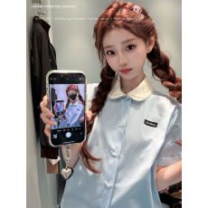 COOLLINE林子熙 钟爱娃娃领 26miu蓝色短袖衬衫/两色半身裙套装