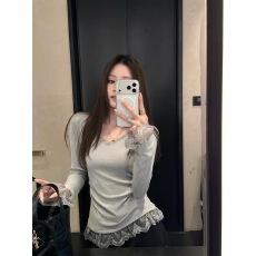 批发'city精灵'蕾丝花边小蛮腰设计高弹螺纹<b class='q'>长袖</b>显瘦休闲<b class='q'>长袖</b>V领<b class='q'>T</b><b class='q'>恤</b>女