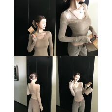 批发Skk Store 心动涩谷 纯欲天丝羊毛V领蕾丝拼接打底衫<b class='q'>修身</b>内搭上衣
