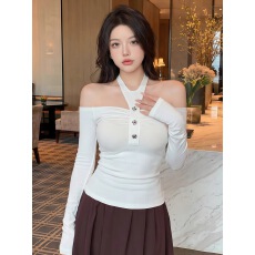 批发Wuu2sweet吴太甜 一字肩挂脖<b class='q'>长袖</b><b class='q'>T</b><b class='q'>恤</b>女2026春季轻熟小众露肩上衣