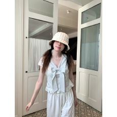 批发PtonUmi【速发】栀子清欢 蓝条纹v领上衣女夏蕾丝边<b class='q'>短袖</b>衬衫