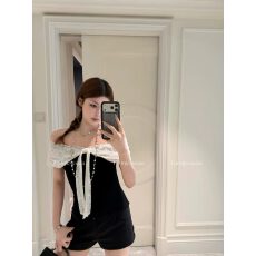 番茄侠coco芭蕾黑白撞色蕾丝蕾丝飘带一字肩上衣女小香风无袖上衣
