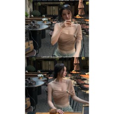 批发Lattitude/杨小鹭 金属扣不对称卡戴珊高级裸色弹力假两件<b class='q'>打底</b>