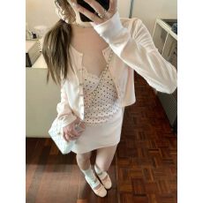 批发孔真烦呐 早春漂亮<b class='q'>套装</b>纯欲波点<b class='q'>蕾丝</b>V领吊带长袖外搭针织衫半身裙