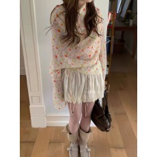 批发AKskylan春季不规则抽绳荡领碎花上衣女韩系chic别致小衫薄纱罩衫