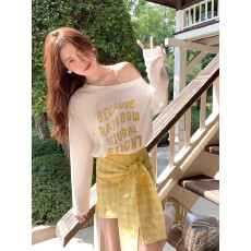 批发曾小咸 韩系白色t恤女长袖薄款斜肩上衣早春黄色格子绑带半身裙夏