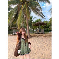 批发烟熏桃桃 Embertia复古撞色碎花吊带假两件v领纯欲背心花边女上衣