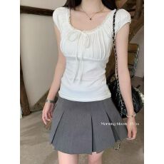 批发morning bloom<b class='q'>蕾丝</b>拼接绑带短袖<b class='q'>T</b><b class='q'>恤</b>女2026夏季新款收腰泡泡袖上衣