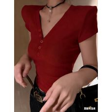 批发今年夏季新款韩版辣妹时尚设计感打底衫修身显瘦纽扣V领短袖上衣