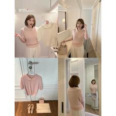 批发酒心微胖定制  减龄宝藏  早春<b class='q'>新款</b>娃娃领学院风正肩针织短袖<b class='q'>女</b>