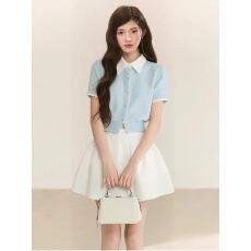 批发POPWEST丨夏日撞色拼接假两件<b class='q'>短袖</b>卫衣开衫上衣<b class='q'>外套</b>蓬蓬半裙套装