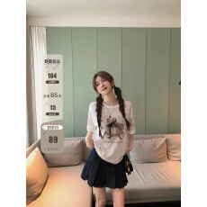 批发张贝贝ibell蕾丝蝴蝶结织带木马<b class='q'>印花</b><b class='q'>t</b>薄款显瘦圆领落肩短袖上衣女