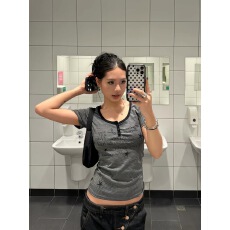 批发F383 美式复古辣妹风<b class='q'>短款</b>条纹印花T恤女夏季新款收腰显瘦百搭上衣