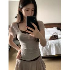 批发sheepland纯氧辣妹 天丝羊毛U领短袖T恤<b class='q'>蕾丝</b>拼接打底吊带<b class='q'>套装</b>女夏
