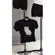 批发韩国东大门26夏季新款显瘦<b class='q'>圆领</b>蝴蝶结猫咪印花短袖<b class='q'>T</b><b class='q'>恤</b>垫肩上衣女