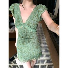 批发Wuu2sweet吴太甜 蕾丝小飞袖斜裁<b class='q'>豹纹</b>裙女深V性感修身收腰<b class='q'>连衣裙</b>