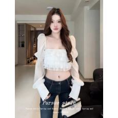 批发【doll系千金】法式白色雪纺<b class='q'>衬衫</b>女春季压褶<b class='q'>长袖</b>泡泡袖短款上衣潮