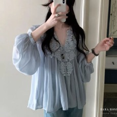 批发重工镂空勾线廓形长袖雪纱纱上衣