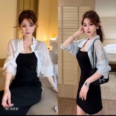 批发雍容华贵气质优雅U背收腰裙自带杯垫连衣裙 微透披肩外套