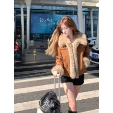 批发***设计美拉德复古棕色毛毛外套女2025秋<b class='q'>冬</b>短款仿牛仔棉服