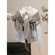 批发<b class='q'>韩版</b>学院风假两件披肩条纹衬衫女春季2026新款高级感时尚衬衣外套