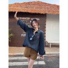 批发2026春款小马刺绣复古做旧牛仔衬衫女港风休闲百搭翻领长袖上衣