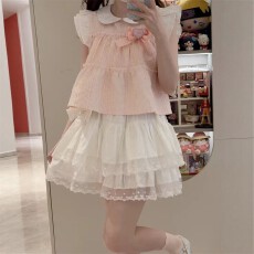 批发夏季新款两件<b class='q'>套装</b>日系小个子甜美学院风<b class='q'>格子</b>拼接上衣蛋糕