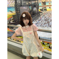 批发日系甜美可爱蝴蝶结碎花背带裙裤粉色<b class='q'>格子</b>娃娃领衬衫夏季