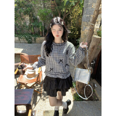 批发韩系蝴蝶结<b class='q'>格子</b>长袖<b class='q'>衬衫</b>女2026春夏新款甜美减龄圆领花边