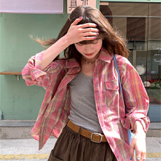 批发【原版1:1，直播版型】粉色格纹<b class='q'>衬衫</b>宽松春夏季<b class='q'>格子</b><b class='q'>衬衣</b>防