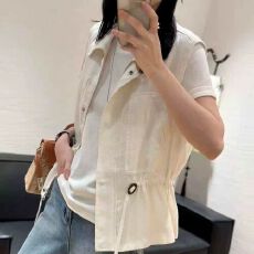 批发大码女装夏季新款微胖气质简约休闲百搭马甲收腰修身抽绳翻领外套