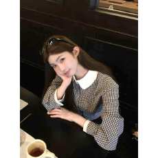 批发2025独特超好看漂亮法式小个子高级感黑白格纹翻领长袖衬衫女秋季