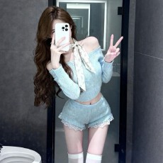 批发套<b class='q'>装</b>女2025冬季新款甜辣一字肩长袖短款上衣+高腰显瘦短<b class='q'>裤</b>两件套