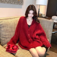 批发奢贵<b class='q'>马海毛</b>新年红金丝毛衣<b class='q'>开衫</b>外套