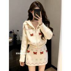 批发韩系巨好看圣诞费尔岛连帽毛衣开衫女秋冬高级感针织上衣短裙套装