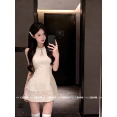 批发法式千金风亮片<b class='q'>拼接</b>收腰无袖<b class='q'>连衣裙</b>女日常可穿礼服裙小白裙