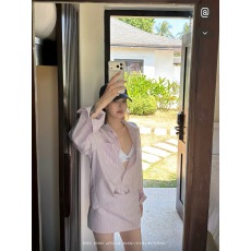 批发柠司 POLO领<b class='q'>条纹</b>薄款长袖衬衫女春季低腰修身包臀短款半身裙<b class='q'>套装</b>