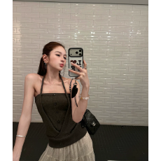 批发Goo Goo Eyes羊毛针织软糯交叉叠襟扭扭挂脖式抹胸女<b class='q'>夏</b>季辣妹吊带