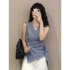 批发薇光什集法式田园收腰格纹无袖上衣女新款背心设计感独特漂亮小衫