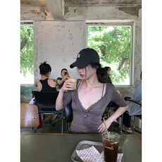 批发sheepland欲隐心机 天丝羊毛亨利领半袖T恤蕾丝吊带内衣两件套女