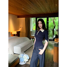 批发Barbchill 假两件polo短袖+明线<b class='q'>牛仔</b>裤<b class='q'>女</b>夏套装