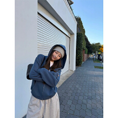 批发4PRIL <b class='q'>全棉</b>连帽开衫卫衣短外套女复古宽松休闲水洗美式拉链上衣秋