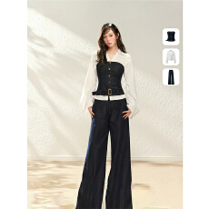 批发POPWEST | 撞色<b class='q'>牛仔</b>抹胸<b class='q'>背心</b>翻领衬衫真两件上衣休闲阔腿裤套装