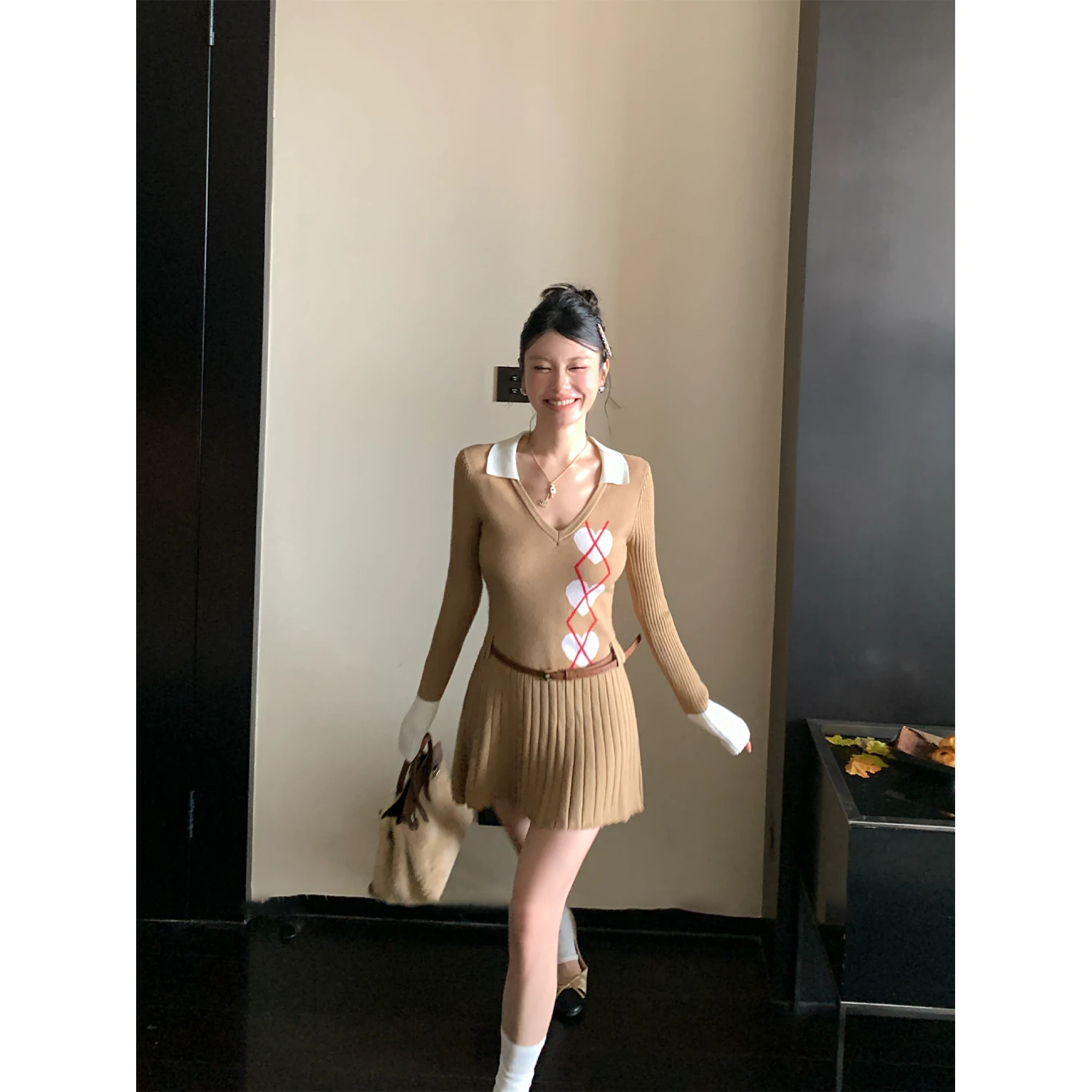 BY36985# 沙司爱心提花收腰连衣裙女秋季撞色针织裙带腰带  服裝批發女裝批發服飾貨源